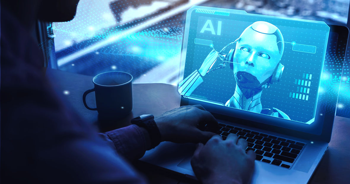Personne utilisant un ordinateur portable avec image générée par IA d'un visage robotique sur l'écran