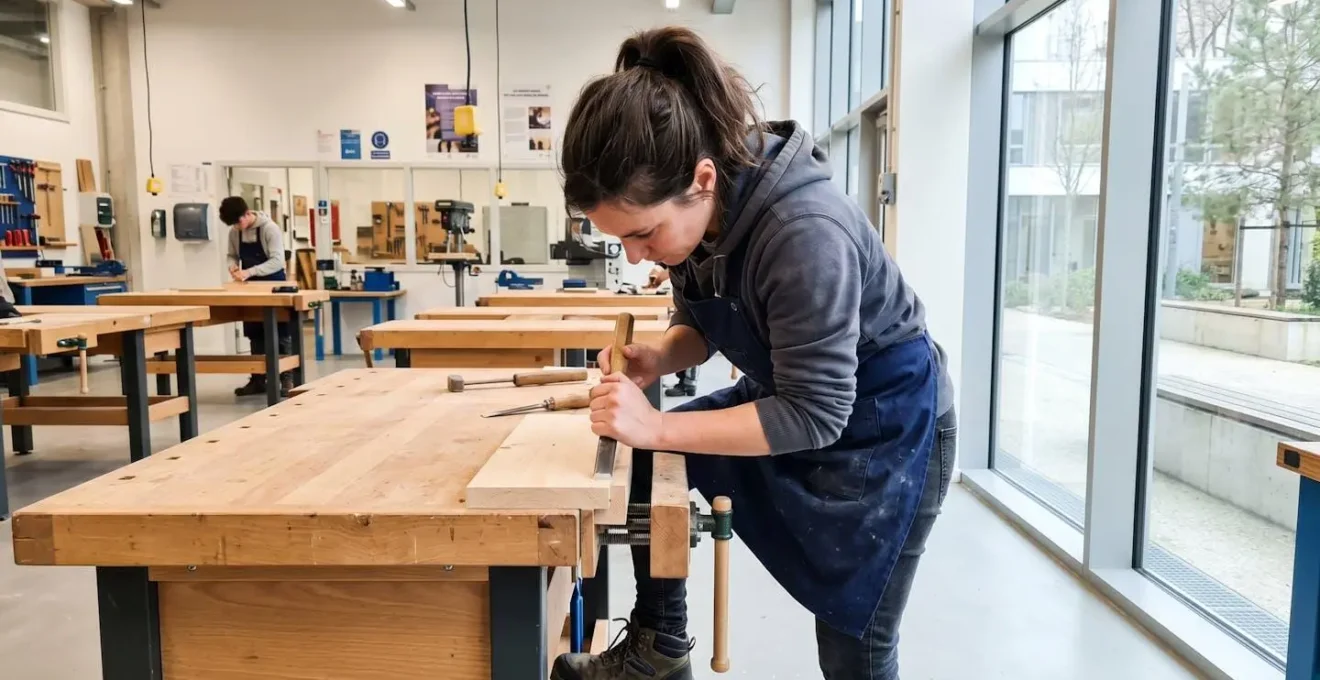 Un adulte d'une trentaine d'années, vu de dos, concentré sur une tâche manuelle dans un atelier de formation lumineux et moderne