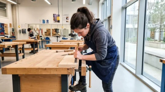 Un adulte d'une trentaine d'années, vu de dos, concentré sur une tâche manuelle dans un atelier de formation lumineux et moderne