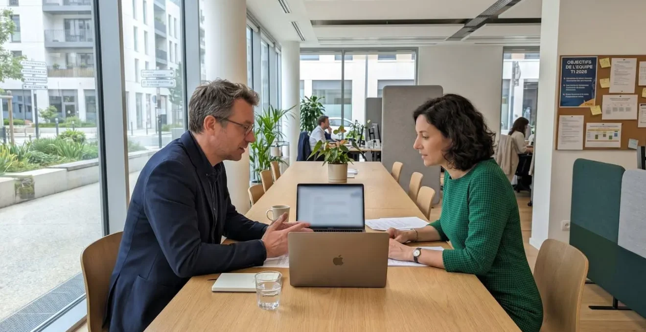 Deux professionnels assis côte à côte dans un bureau moderne discutent en pointant du doigt un écran d'ordinateur portable