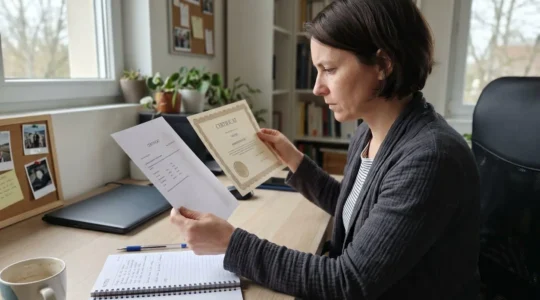 Deux professionnels assis côte à côte dans un bureau moderne discutent en pointant du doigt un écran d'ordinateur portable