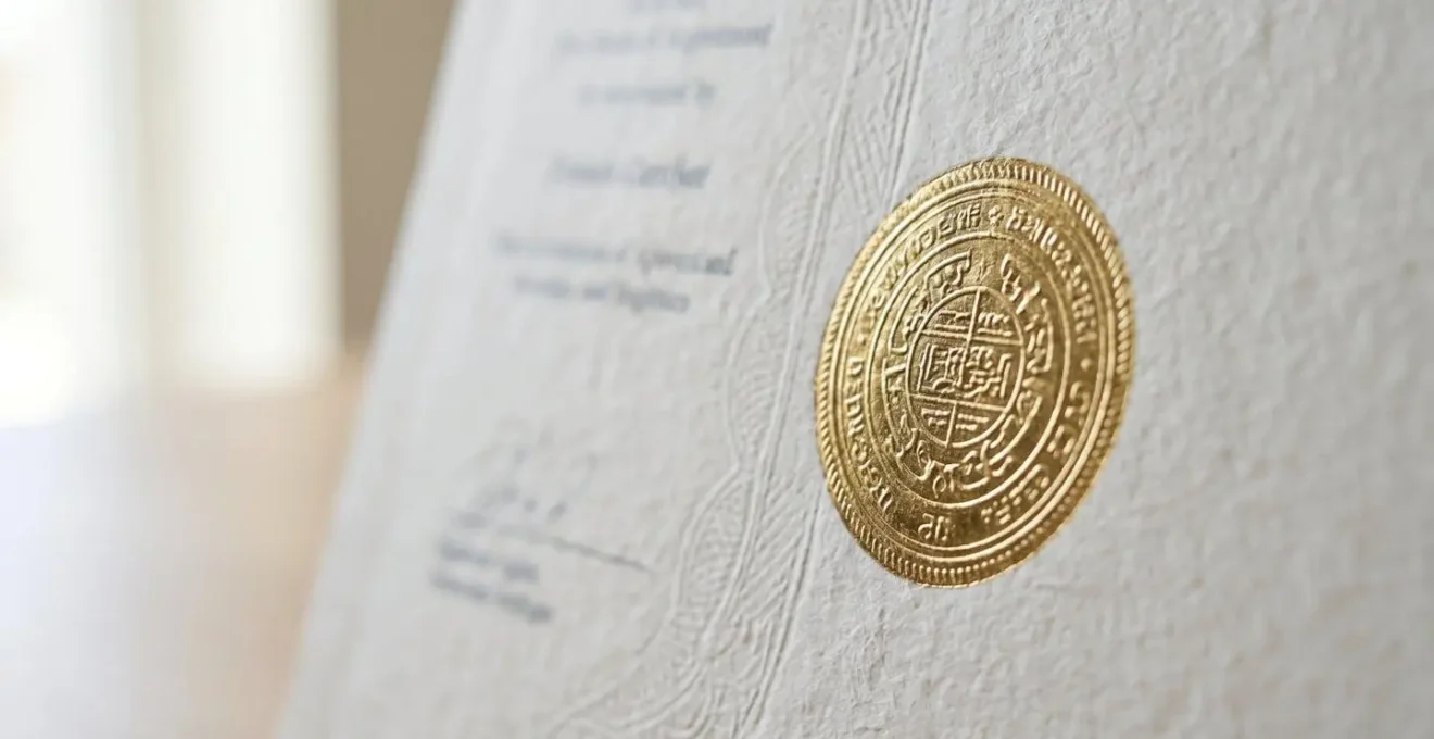 Vue en très gros plan d'un certificat officiel avec un sceau en relief, posé sur un bureau propre et éclairé par une lumière naturelle