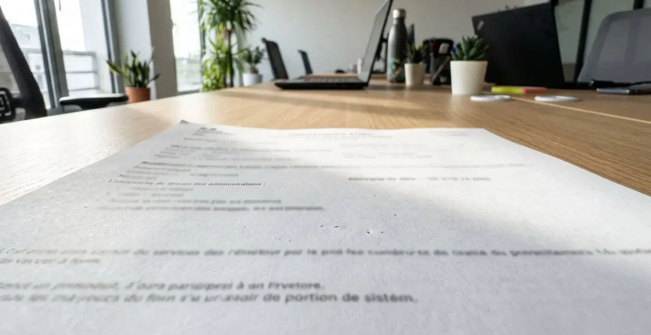 Gros plan sur un document administratif français posé sur un bureau moderne, avec le texte complètement flouté pour préserver la confidentialité