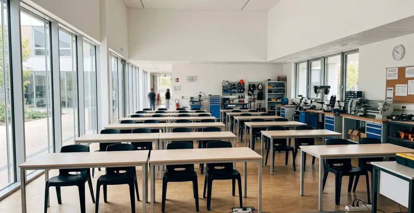 Une salle de formation moderne et lumineuse dans un établissement de formation professionnelle, vide, avec de grandes fenêtres laissant entrer une lumière naturelle abondante