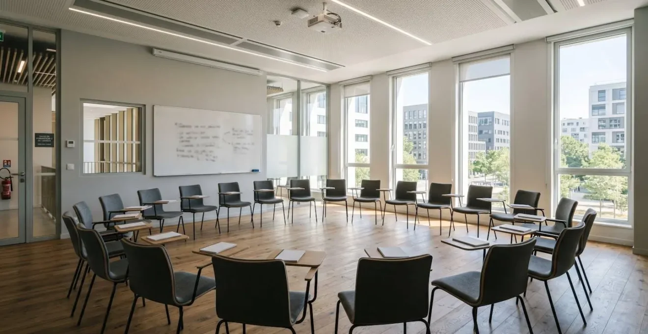 Vue en angle large d'une salle de formation contemporaine avec des chaises disposées en cercle, un tableau blanc au mur et de grandes fenêtres laissant entrer la lumière naturelle