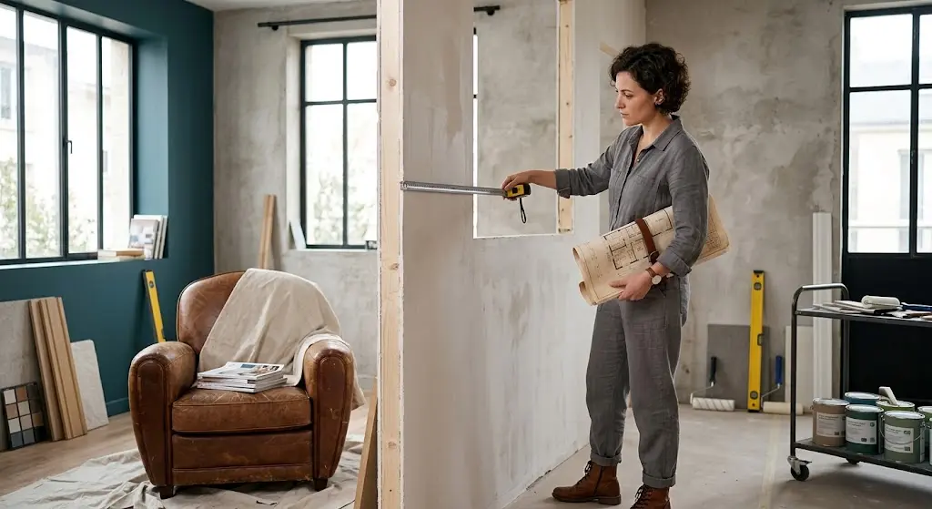 Une décoratrice d'intérieur mesure un mur avec un mètre ruban dans un salon en cours de réaménagement, plan roulé en main.