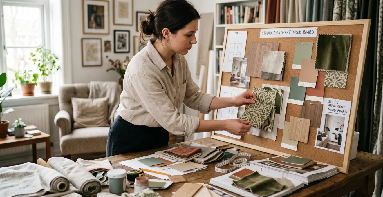 Une étudiante en décoration d'intérieur compose un mood board physique avec des échantillons de tissus, de bois et de couleurs sur une table de travail lumineuse.