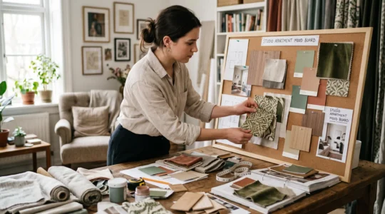 Une étudiante en décoration d'intérieur compose un mood board physique avec des échantillons de tissus, de bois et de couleurs sur une table de travail lumineuse.