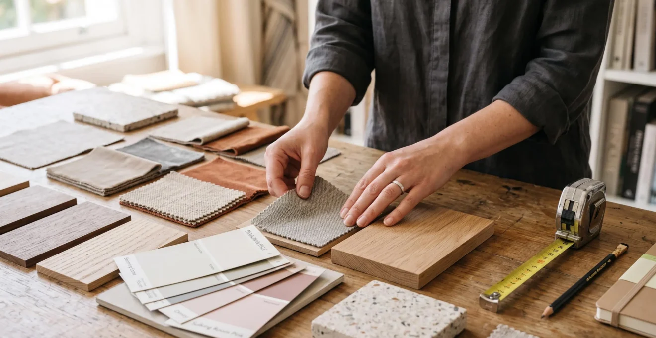 Gros plan sur des mains comparant des échantillons de tissus, de bois et de couleurs de peinture posés sur une table de travail.